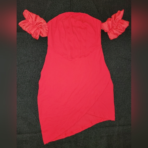 Dress Mini Red Asymmetrical Ruched Bodycon - Picture 2 of 5
